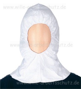 Tyvek-Einweg-Kapuze wei�, antistatisch, Gummizug am Gesichtsausschnitt und Nacken. Klicken f�r Gro�bild.
